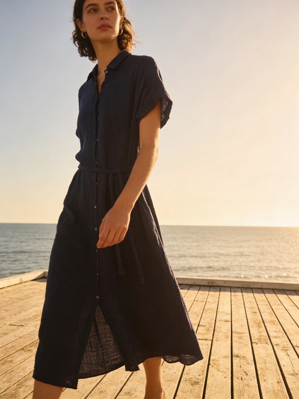 🌸M5- Women’s Navy Button-Front Shirt Dress with Tie Waist💙